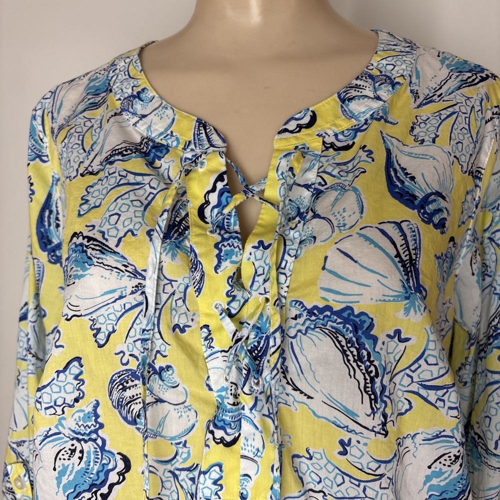 Talbots Seashell Print Top Womens Plus 1X Yellow Blue Lace Up Neck Coastal - Picture 2 of 11
